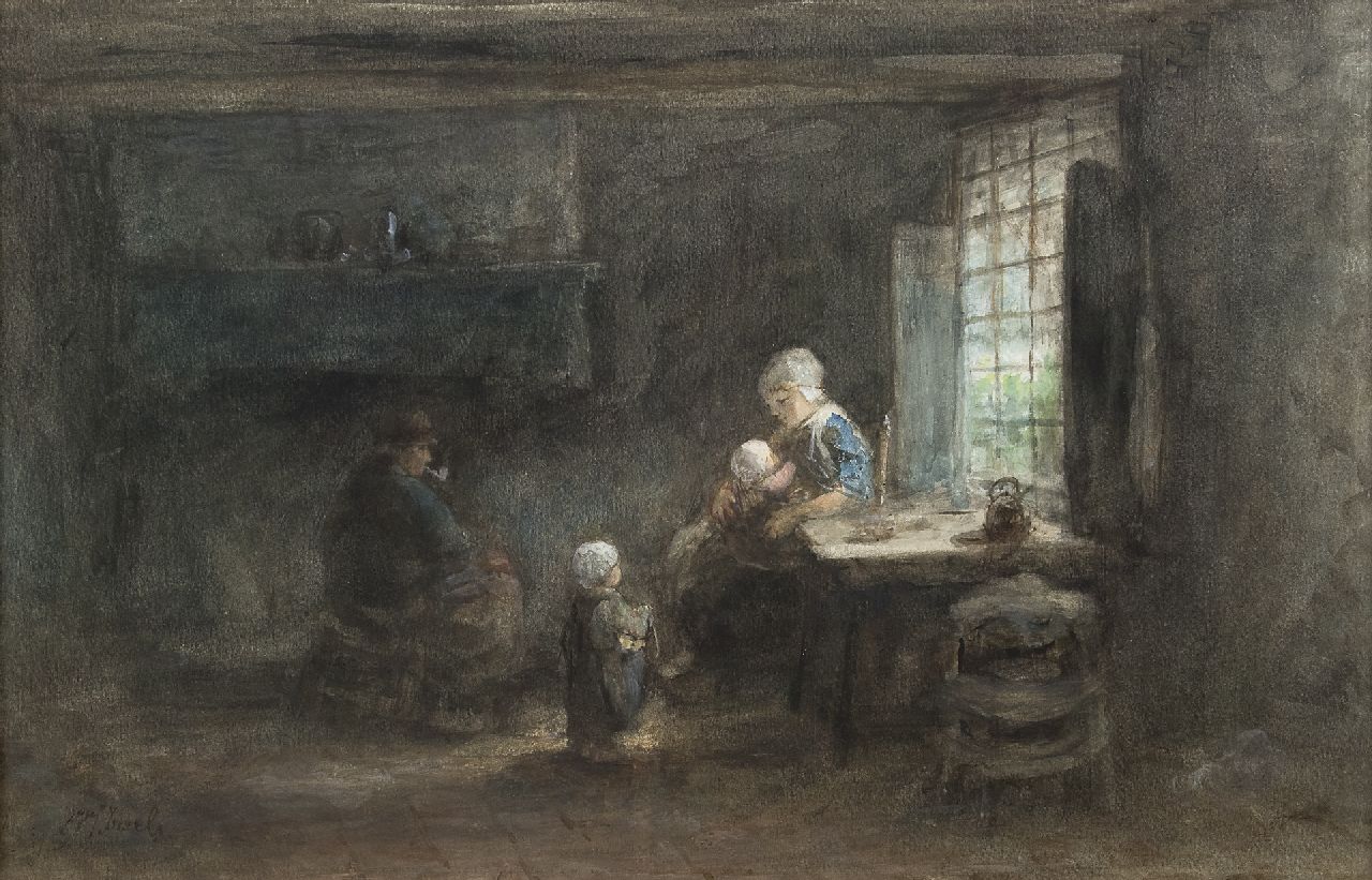 Israëls J.  | Jozef Israëls, Het jonge gezin, pastel en aquarel op papier 35,3 x 53,5 cm, gesigneerd linksonder