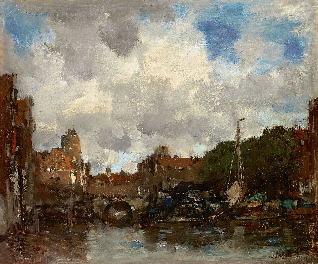 Maris J.H. | Jacobus Hendricus 'Jacob' Maris | Schilderijen te koop aangeboden | Een Hollandse havenstad (Dordrecht), olieverf op doek 41,5 x 49,0 cm, gesigneerd rechtsonder en te dateren ca. 1890 Maris J.H. | Jacobus Hendricus 'Jacob' Maris | Schilderijen te koop aangeboden | Een Hollandse havenstad (Dordrecht), olieverf op doek 41,5 x 49,0 cm, gesigneerd rechtsonder en te dateren ca. 1890