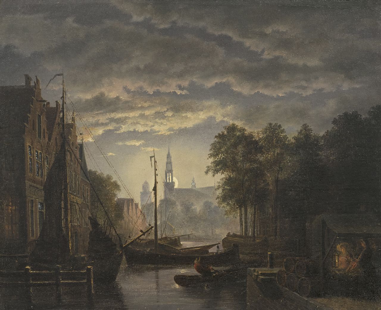 Abels J.Th. | 'Jacobus' Theodorus Abels, Stadshaven bij maanlicht, olieverf op doek 33,4 x 40,4 cm Abels J.Th. | 'Jacobus' Theodorus Abels, Stadshaven bij maanlicht, olieverf op doek 33,4 x 40,4 cm