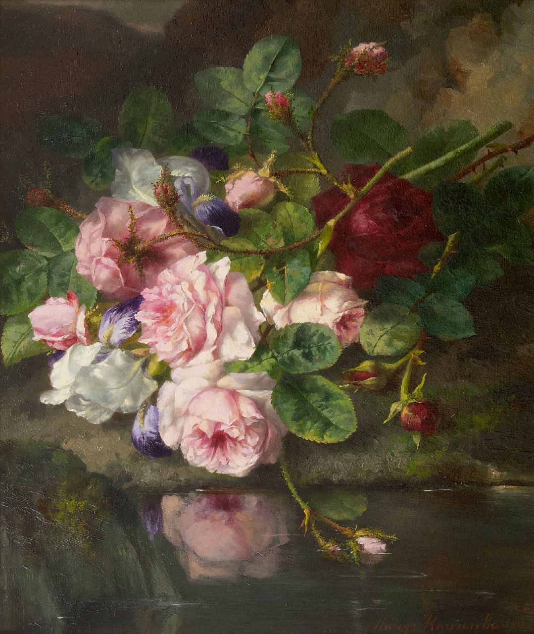Roosenboom M.C.J.W.H. | 'Margaretha' Cornelia Johanna Wilhelmina Henriëtta Roosenboom, Boeket rozen op de bosgrond, olieverf op paneel 45,4 x 37,3 cm, gesigneerd rechtsonder Roosenboom M.C.J.W.H. | 'Margaretha' Cornelia Johanna Wilhelmina Henriëtta Roosenboom, Boeket rozen op de bosgrond, olieverf op paneel 45,4 x 37,3 cm, gesigneerd rechtsonder