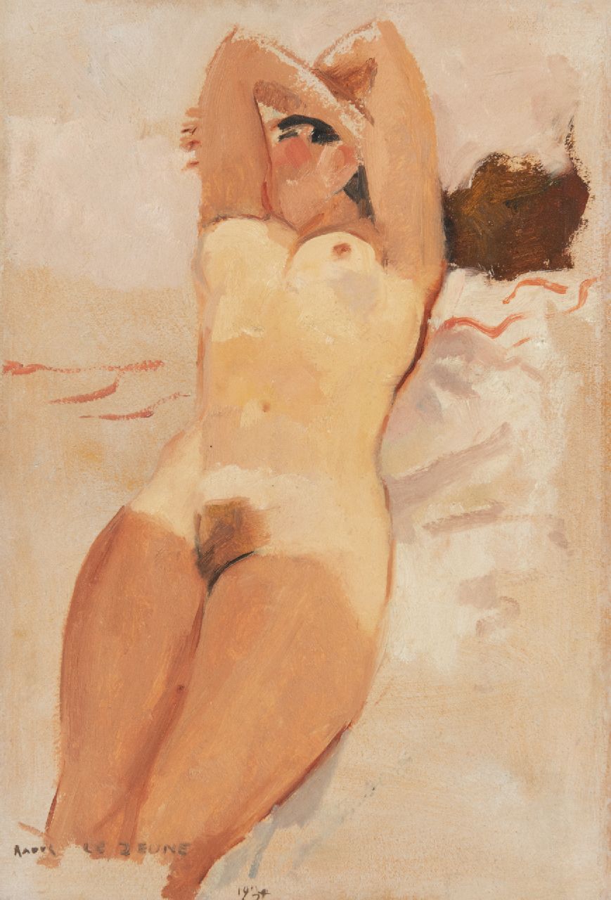 Lejeune R. | Raoul Lejeune, Zonnebadend naakt, olieverf op doek op paneel 50,5 x 34,2 cm, gesigneerd linksonder en gedateerd 1934 Lejeune R. | Raoul Lejeune, Zonnebadend naakt, olieverf op doek op paneel 50,5 x 34,2 cm, gesigneerd linksonder en gedateerd 1934