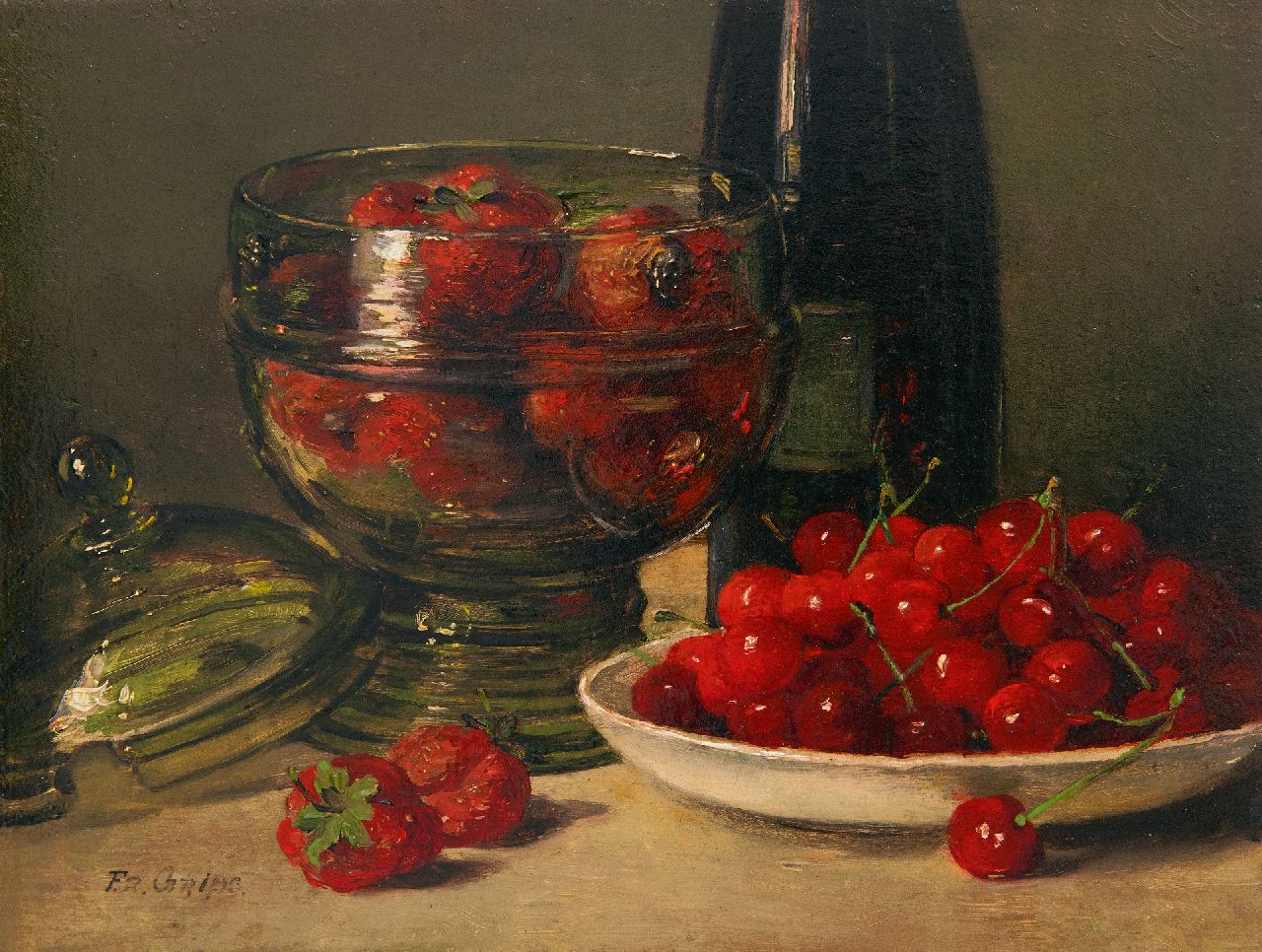 Grips F. | Frédéric Antoine Marie 'Frits' Grips, Stilleven met kersen en aardbeien in glazen pot, olieverf op paneel 16,0 x 21,1 cm, gesigneerd linksonder Grips F. | Frédéric Antoine Marie 'Frits' Grips, Stilleven met kersen en aardbeien in glazen pot, olieverf op paneel 16,0 x 21,1 cm, gesigneerd linksonder