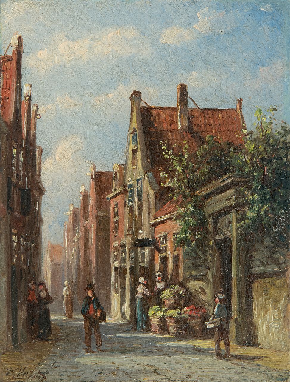 Vertin P.G. | Petrus Gerardus Vertin | Schilderijen te koop aangeboden | Zonnig straatje met groenteverkoopster, olieverf op paneel 13,4 x 10,2 cm, gesigneerd linksonder Vertin P.G. | Petrus Gerardus Vertin | Schilderijen te koop aangeboden | Zonnig straatje met groenteverkoopster, olieverf op paneel 13,4 x 10,2 cm, gesigneerd linksonder
