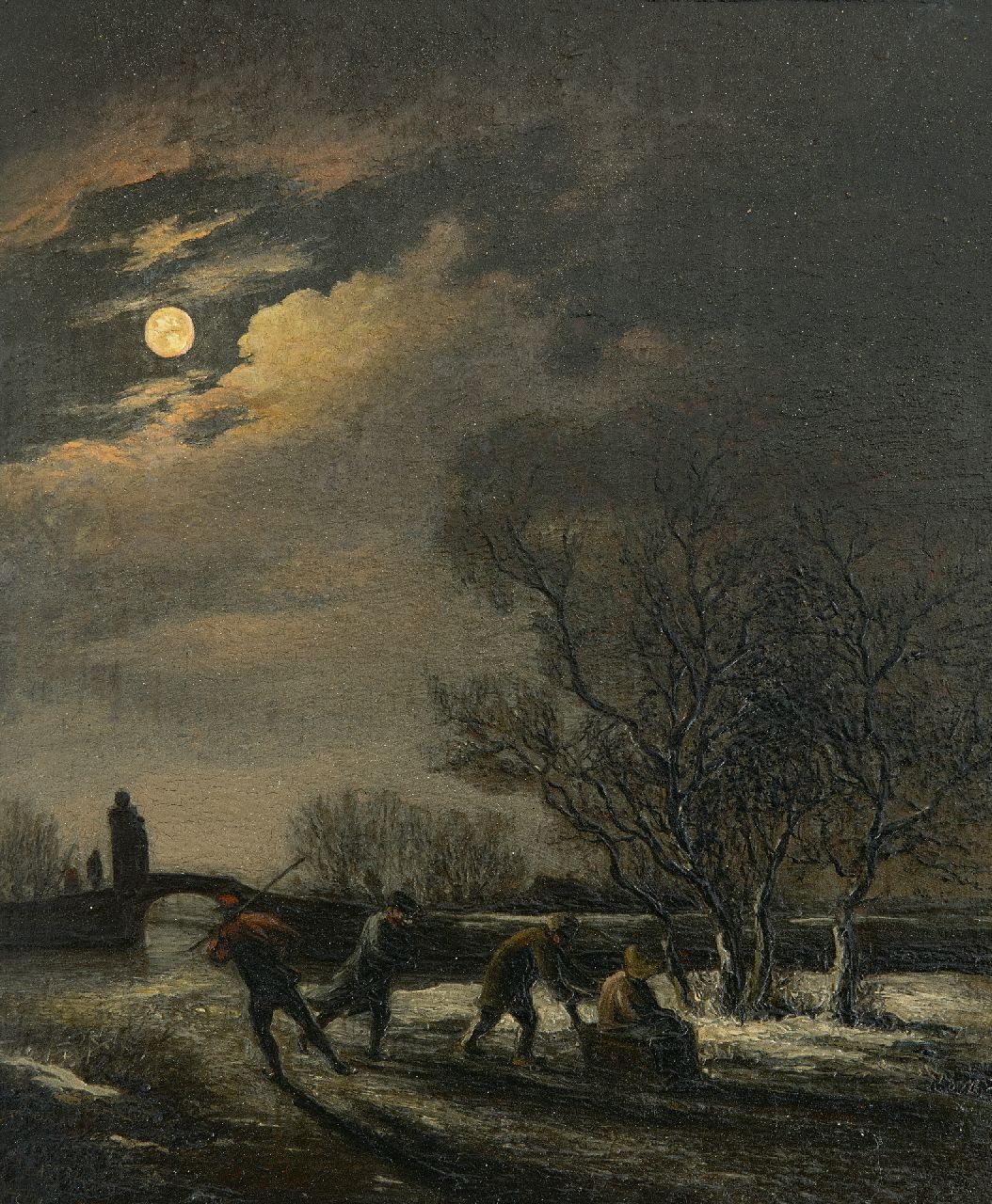Krausz S.A.  | Simon Andreas Krausz, Schaatsers bij maanlicht, olieverf op paneel 21,6 x 18,3 cm