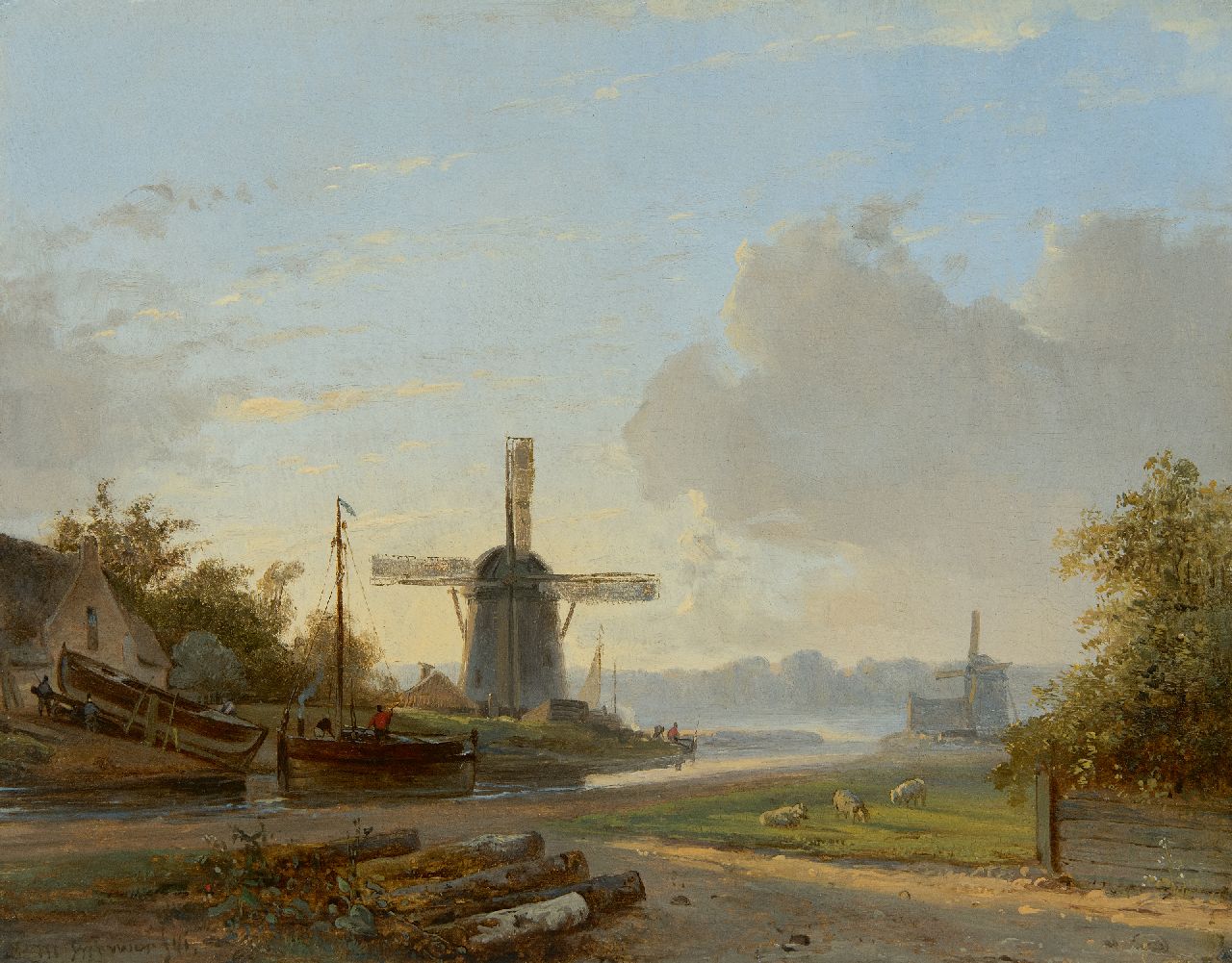 Brouwer P.M. | Petrus Marius Brouwer | Schilderijen te koop aangeboden | Rivierlandschap met molens en scheepswerf, olieverf op paneel 25,7 x 32,5 cm, gesigneerd linksonder en gedateerd '41 Brouwer P.M. | Petrus Marius Brouwer | Schilderijen te koop aangeboden | Rivierlandschap met molens en scheepswerf, olieverf op paneel 25,7 x 32,5 cm, gesigneerd linksonder en gedateerd '41