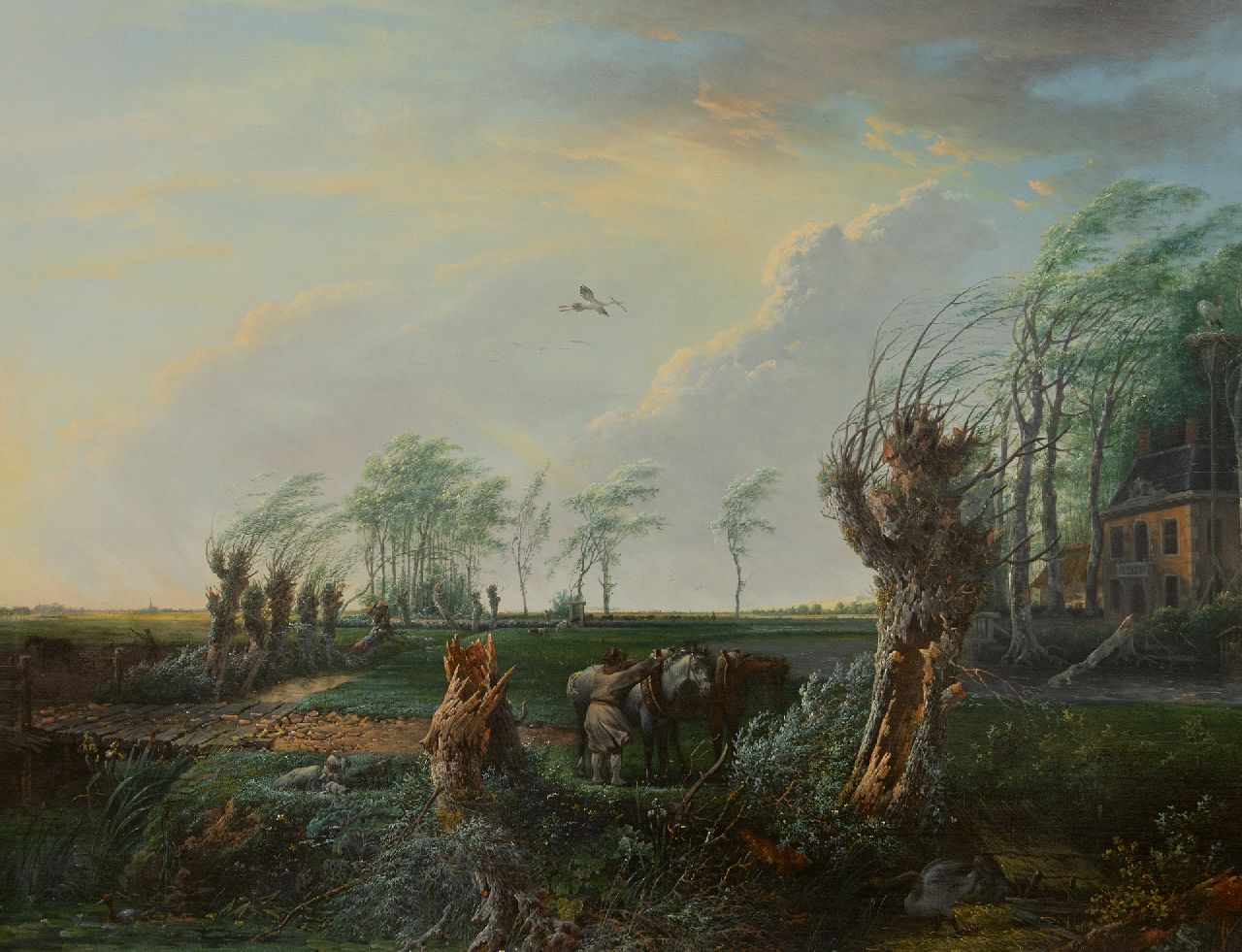 Nijmegen G. van | Gerard van Nijmegen | Schilderijen te koop aangeboden | Boer met werkpaarden op een landgoed bij storm, olieverf op paneel 68,8 x 89,7 cm Nijmegen G. van | Gerard van Nijmegen | Schilderijen te koop aangeboden | Boer met werkpaarden op een landgoed bij storm, olieverf op paneel 68,8 x 89,7 cm