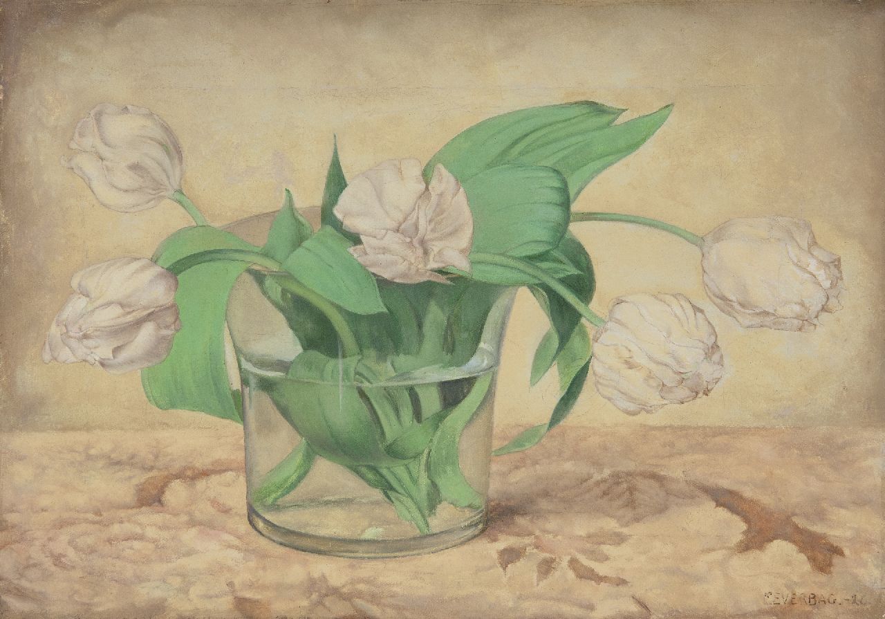 Everbag F. | Franciscus 'Frans' Everbag, Witte tulpen in glazen vaas, olieverf op doek 23,5 x 33,4 cm, gesigneerd rechtsonder en gedateerd '26 Everbag F. | Franciscus 'Frans' Everbag, Witte tulpen in glazen vaas, olieverf op doek 23,5 x 33,4 cm, gesigneerd rechtsonder en gedateerd '26