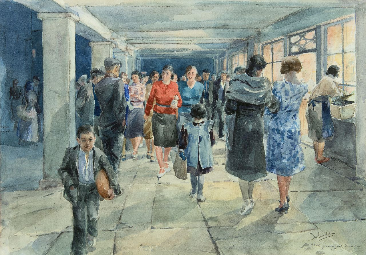 Schutte L.H.H. | 'Louis' Hermanus Hendrikus Schutte | Aquarellen en tekeningen te koop aangeboden | Drukte op straat in Villafranca del Penedès, Spanje, aquarel op papier 60,5 x 87,5 cm, gesigneerd rechtsonder en verso Schutte L.H.H. | 'Louis' Hermanus Hendrikus Schutte | Aquarellen en tekeningen te koop aangeboden | Drukte op straat in Villafranca del Penedès, Spanje, aquarel op papier 60,5 x 87,5 cm, gesigneerd rechtsonder en verso