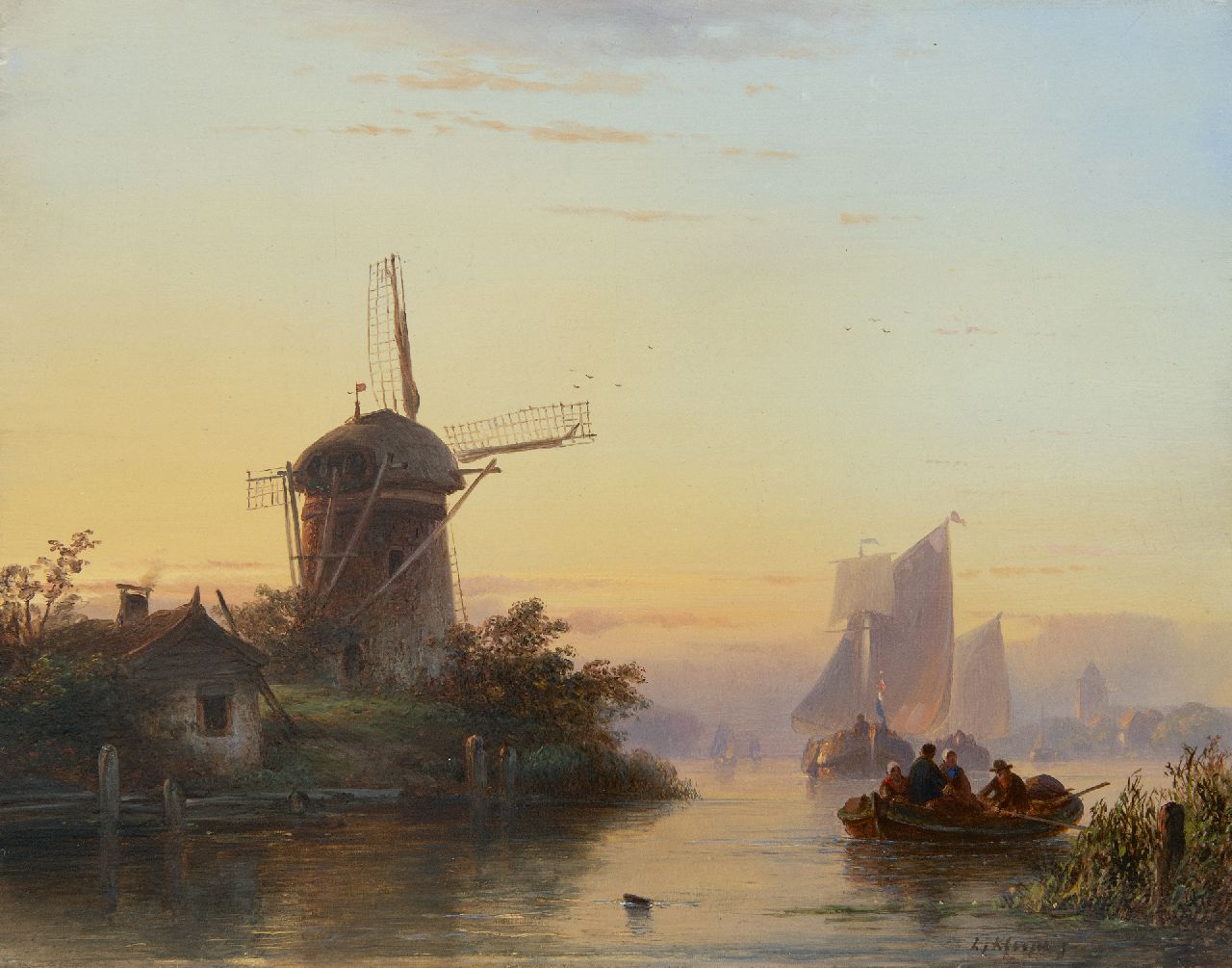 Kleijn L.J. | Lodewijk Johannes Kleijn, Rivier met schepen bij ondergaande zon, olieverf op paneel 28,7 x 36,5 cm, gesigneerd rechtsonder Kleijn L.J. | Lodewijk Johannes Kleijn, Rivier met schepen bij ondergaande zon, olieverf op paneel 28,7 x 36,5 cm, gesigneerd rechtsonder