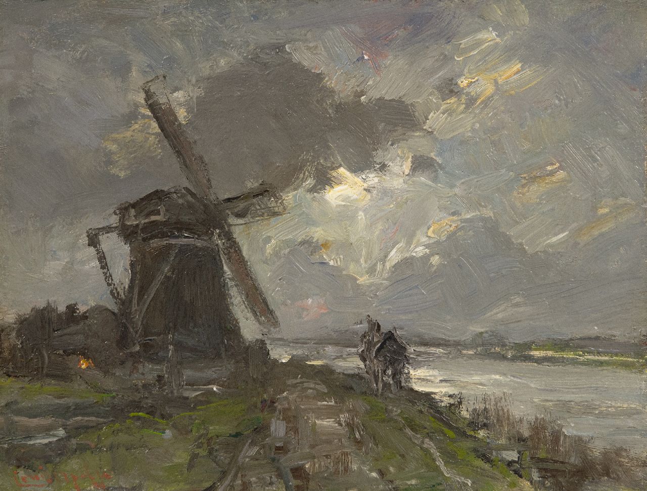 Apol L.F.H. | Lodewijk Franciscus Hendrik 'Louis' Apol, Langs de vaart bij buiig weer, olieverf op schildersboard 20,0 x 26,0 cm, gesigneerd linksonder Apol L.F.H. | Lodewijk Franciscus Hendrik 'Louis' Apol, Langs de vaart bij buiig weer, olieverf op schildersboard 20,0 x 26,0 cm, gesigneerd linksonder