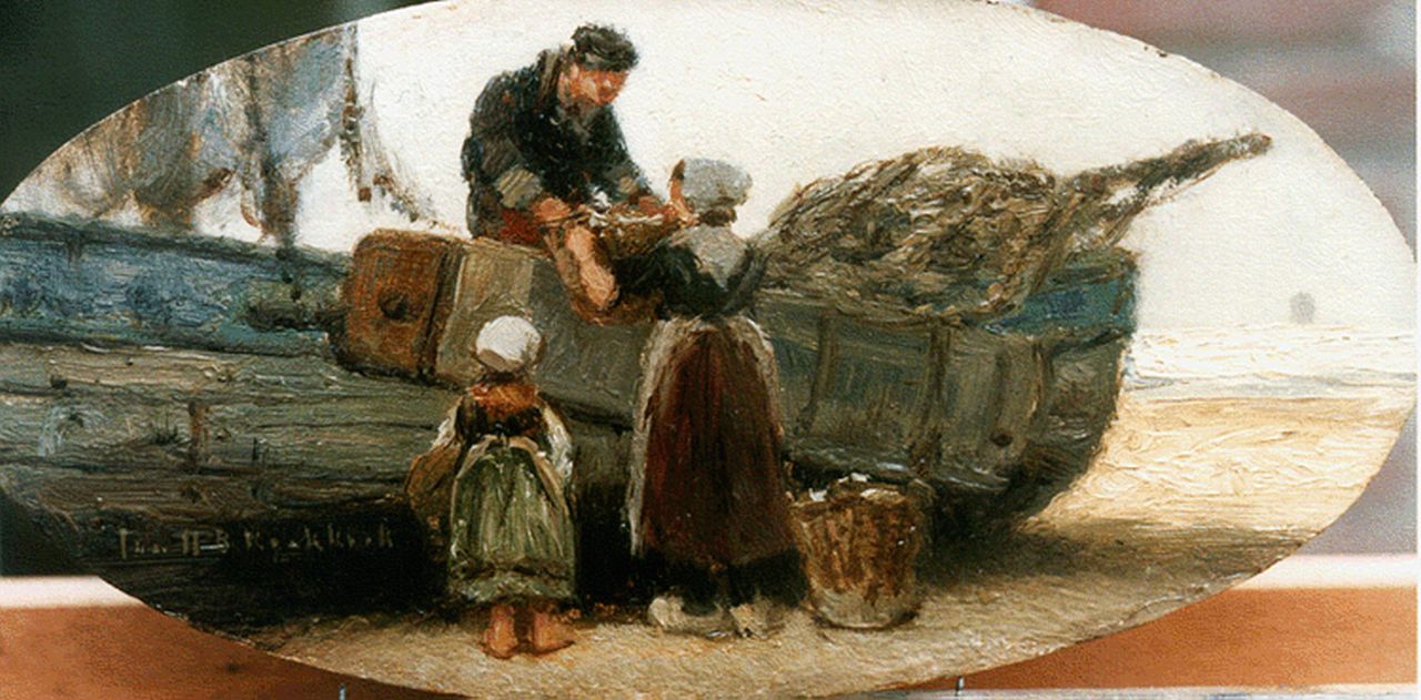 Koekkoek J.H.B.  | Johannes Hermanus Barend 'Jan H.B.' Koekkoek, Klaarmaken voor vertrek, uitladen van de netten., olieverf op paneel, ovaal 12,0 x 24,2 cm, gesigneerd linksonder