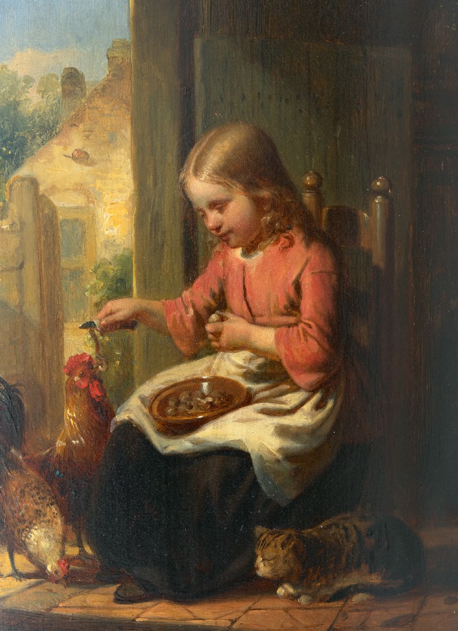 Canta J.A.  | Johannes Antonius Canta, Meisje met poes en kippen, olieverf op paneel 26,0 x 19,0 cm, gesigneerd linksonder