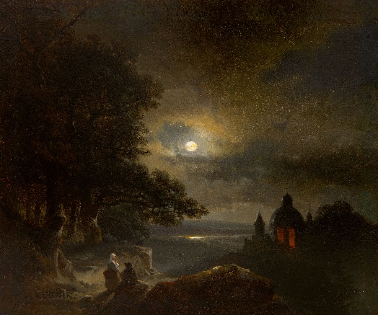 Kuhnen P.L.  | Pierre-Louis Kuhnen, Een jong paar nabij een nachtelijke riviervallei bij volle maan, olieverf op paneel 18,1 x 21,3 cm, gesigneerd linksonder