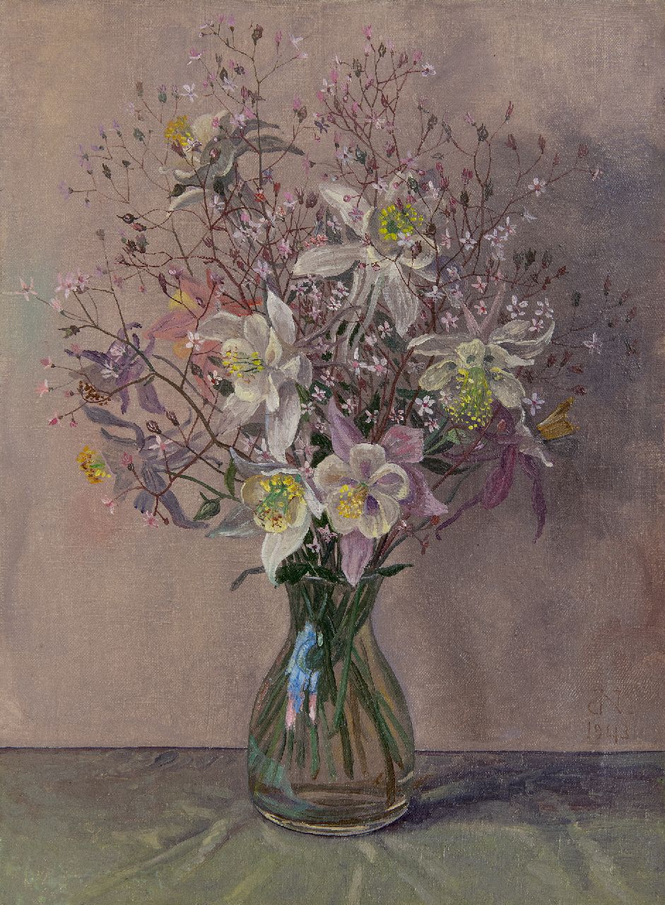 Nieweg J.  | Jakob Nieweg, Bloemen in glazen vaas, olieverf op doek 40,3 x 30,4 cm, gesigneerd rechtsonder met monogram en gedateerd 1943