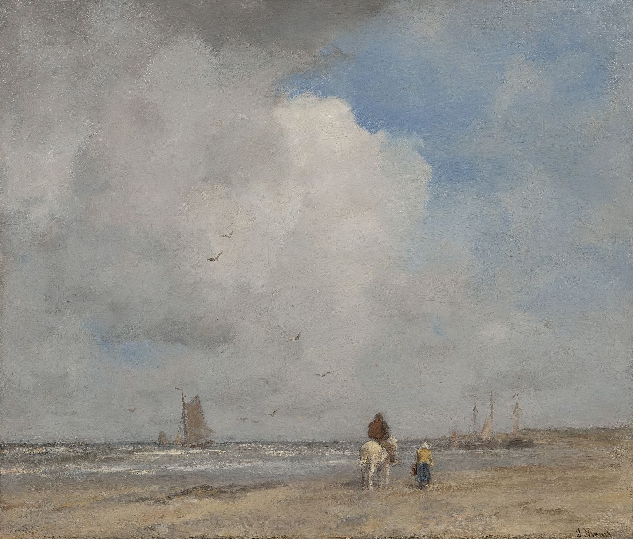 Maris J.H.  | Jacobus Hendricus 'Jacob' Maris, Boten en vissers op het strand, olieverf op doek 46,8 x 55,5 cm, gesigneerd rechtsonder en te dateren 1890-1895