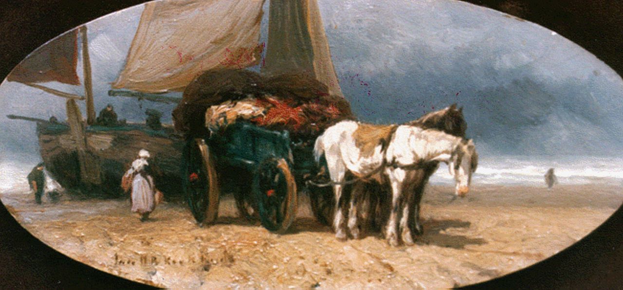 Koekkoek J.H.B. | Johannes Hermanus Barend 'Jan H.B.' Koekkoek, Uitladen van de visvangst., olieverf op paneel, ovaal 12,0 x 24,3 cm, gesigneerd linksonder Koekkoek J.H.B. | Johannes Hermanus Barend 'Jan H.B.' Koekkoek, Uitladen van de visvangst., olieverf op paneel, ovaal 12,0 x 24,3 cm, gesigneerd linksonder