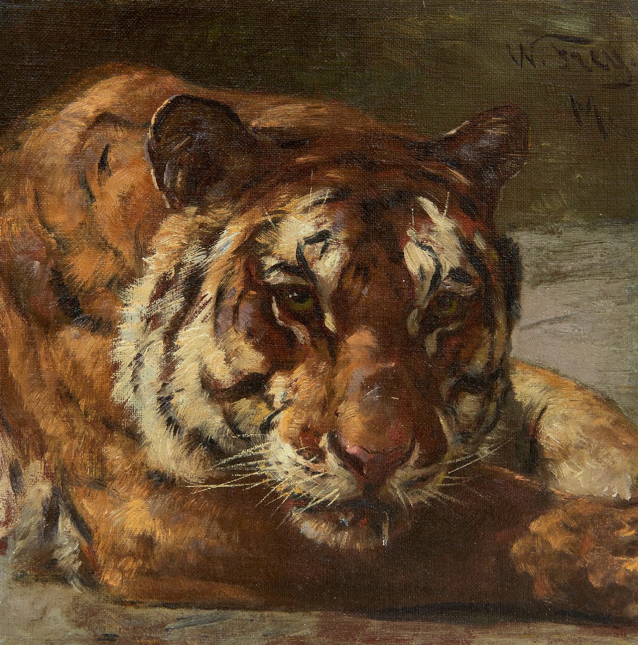 Frey W. | Wilhelm Frey, Tijger in Artis, olieverf op doek op board 25,0 x 24,9 cm, gesigneerd rechtsboven Frey W. | Wilhelm Frey, Tijger in Artis, olieverf op doek op board 25,0 x 24,9 cm, gesigneerd rechtsboven