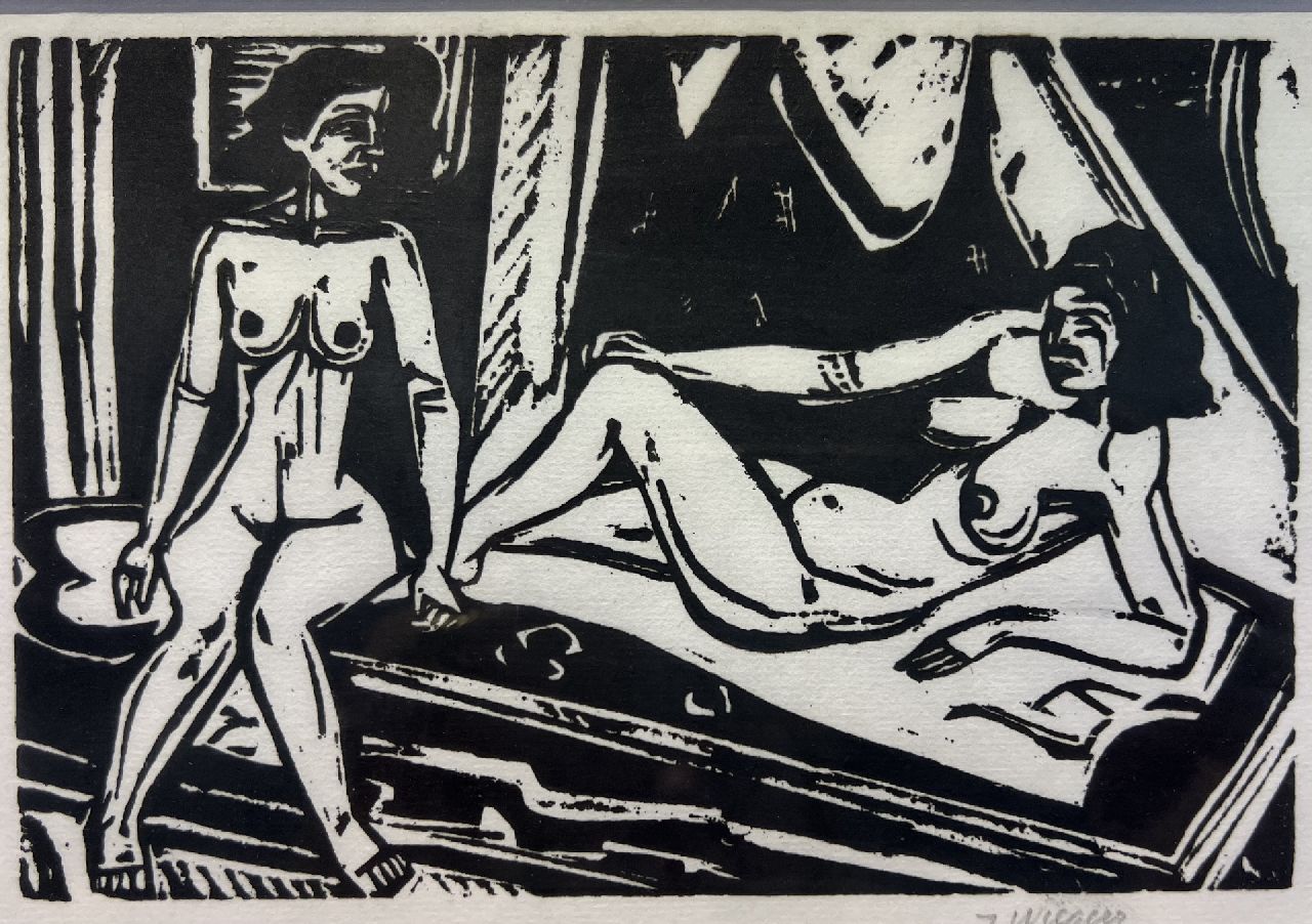 Wiegers J.  | Jan Wiegers | Grafiek te koop aangeboden | Twee naakte vrouwen, houtsnede 12,3 x 19,0 cm, gesigneerd rechtsonder (in potlood)