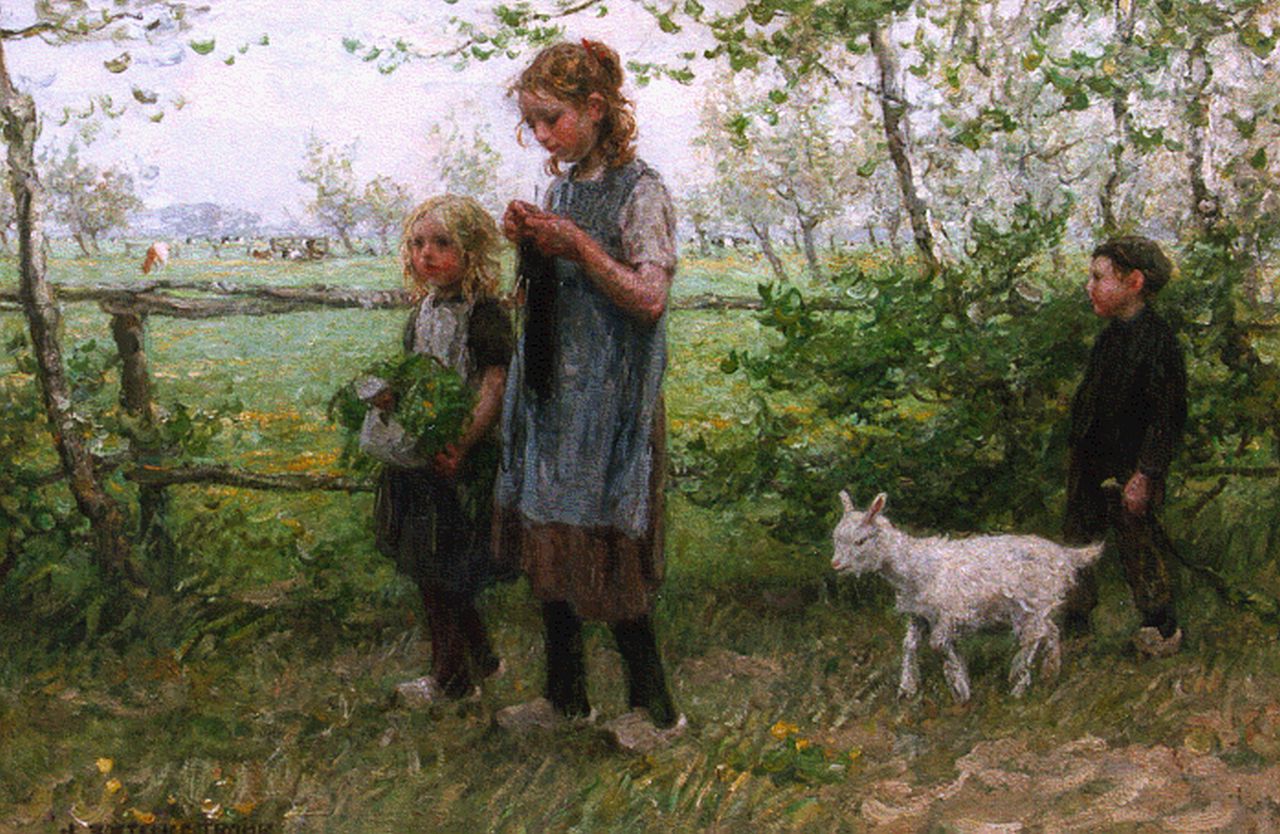 Zoetelief Tromp J. | Johannes 'Jan' Zoetelief Tromp, Kinderen met geitje in Blaricum, olieverf op doek 69,0 x 95,0 cm, gesigneerd linksonder Zoetelief Tromp J. | Johannes 'Jan' Zoetelief Tromp, Kinderen met geitje in Blaricum, olieverf op doek 69,0 x 95,0 cm, gesigneerd linksonder