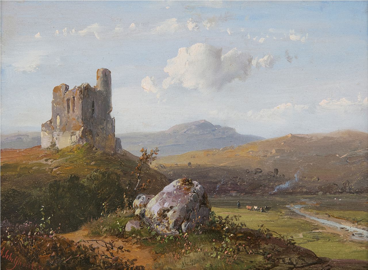 Schelfhout A. | Andreas Schelfhout | Schilderijen te koop aangeboden | Panoramisch heuvellandschap, olieverf op paneel 14,8 x 21,1 cm, gesigneerd linksonder en gedateerd '50 Schelfhout A. | Andreas Schelfhout | Schilderijen te koop aangeboden | Panoramisch heuvellandschap, olieverf op paneel 14,8 x 21,1 cm, gesigneerd linksonder en gedateerd '50