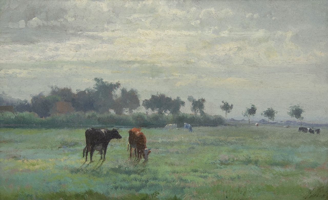 Mauve A.  | Anthonij 'Anton' Mauve, Koeien in een weiland, olieverf op papier op paneel 24,7 x 40,1 cm, gesigneerd rechtsonder met initialen en te dateren ca. 1870