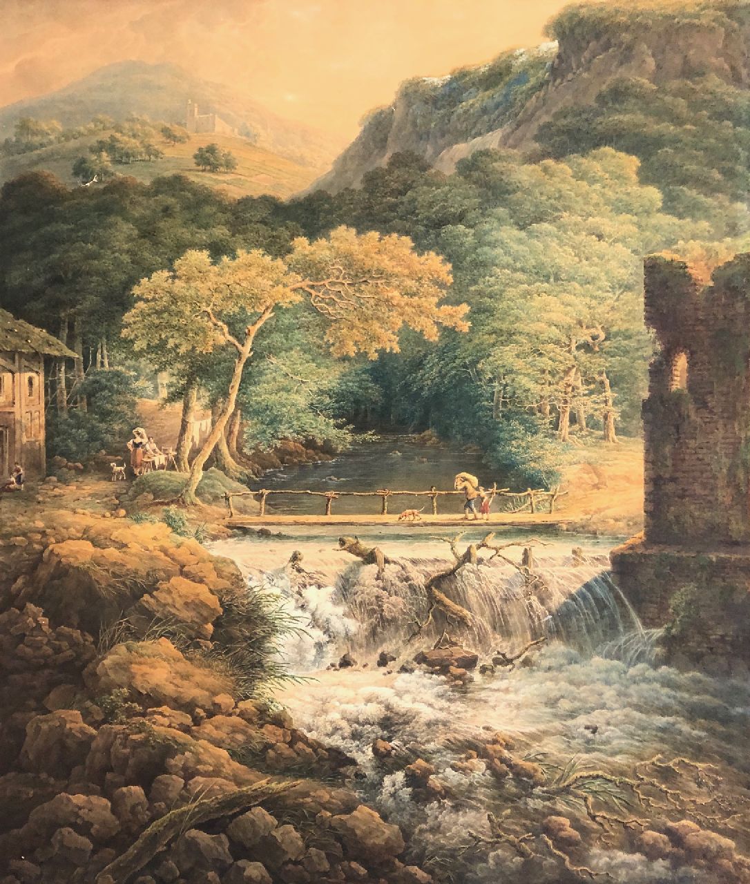 Nijmegen G. van | Gerard van Nijmegen | Aquarellen en tekeningen te koop aangeboden | Berglandschap met landvolk bij een waterval, aquarel op papier 75,3 x 64,2 cm, zonder lijst