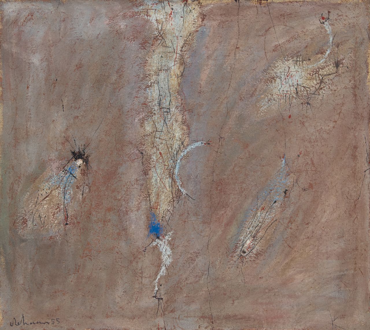 Haan W.J. de | Willem Jacob 'Wim' de Haan, Zonder titel, olieverf op doek 90,1 x 100,4 cm, gesigneerd linksonder en gedateerd '55 Haan W.J. de | Willem Jacob 'Wim' de Haan, Zonder titel, olieverf op doek 90,1 x 100,4 cm, gesigneerd linksonder en gedateerd '55