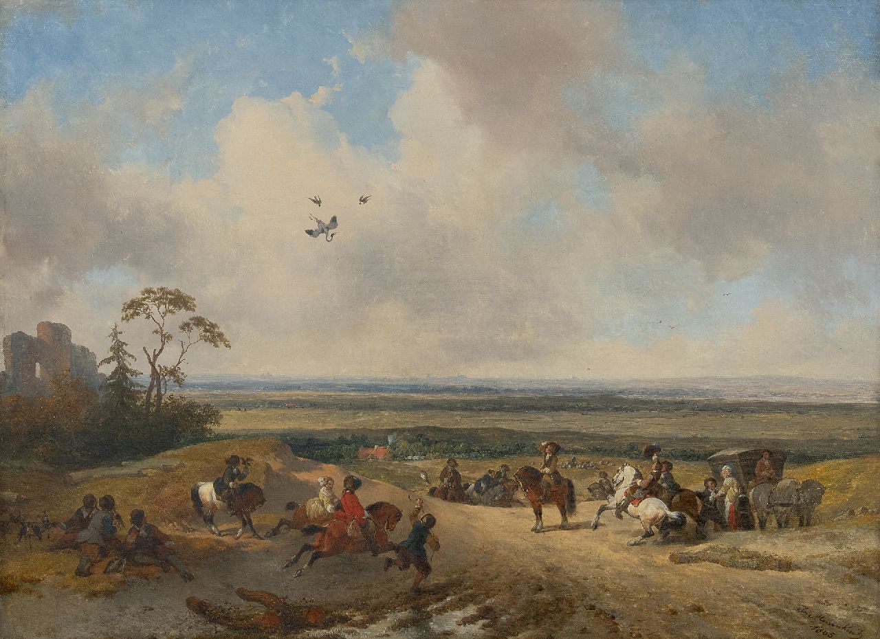 Moerenhout J.J. | Josephus Jodocus 'Joseph' Moerenhout | Schilderijen te koop aangeboden | De valkenjacht, olieverf op doek 51,8 x 70,0 cm, gesigneerd rechtsonder en gedateerd 1865 Moerenhout J.J. | Josephus Jodocus 'Joseph' Moerenhout | Schilderijen te koop aangeboden | De valkenjacht, olieverf op doek 51,8 x 70,0 cm, gesigneerd rechtsonder en gedateerd 1865