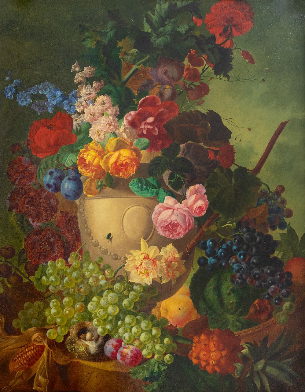 Os J. van | Jan van Os, Stilleven met bloemen, vruchten en een vogelnestje op marmeren plint, olieverf op doek 84,1 x 65,3 cm, gesigneerd linksonder Os J. van | Jan van Os, Stilleven met bloemen, vruchten en een vogelnestje op marmeren plint, olieverf op doek 84,1 x 65,3 cm, gesigneerd linksonder