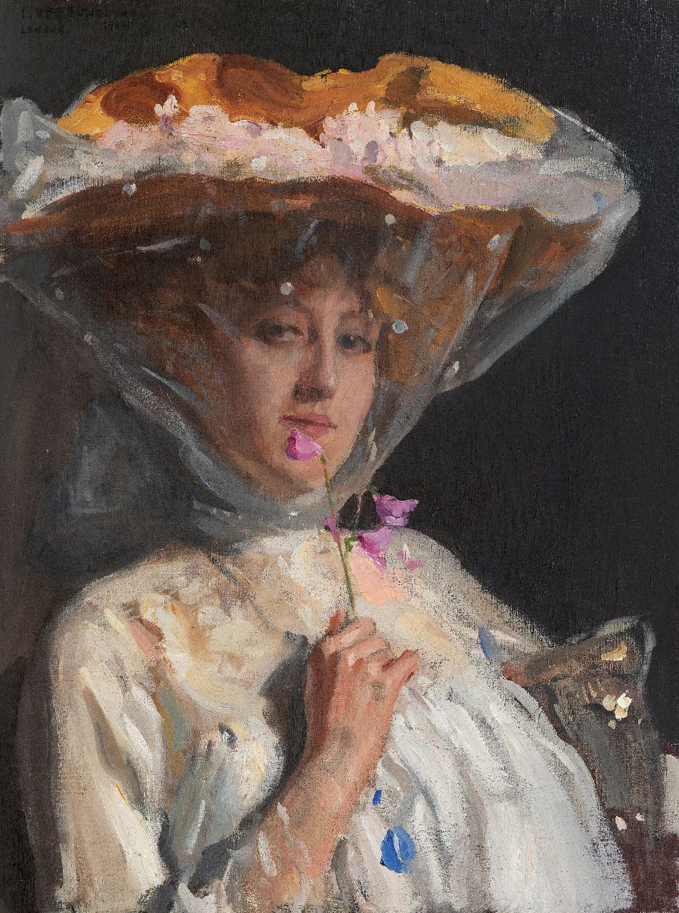 Oppenheimer J. | Joseph Oppenheimer | Schilderijen te koop aangeboden | Vrouw met lathyrusbloem, olieverf op doek 68,8 x 51,3 cm, gesigneerd linksboven en gedateerd 'London' 1904 Oppenheimer J. | Joseph Oppenheimer | Schilderijen te koop aangeboden | Vrouw met lathyrusbloem, olieverf op doek 68,8 x 51,3 cm, gesigneerd linksboven en gedateerd 'London' 1904