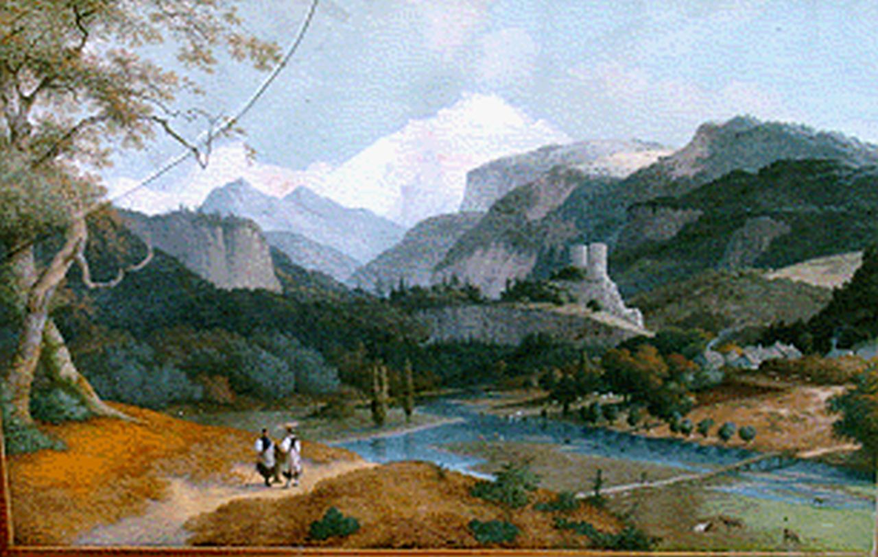 Knip J.A. | Josephus Augustus Knip, Berglandschap met twee vrouwen bij riviertje, gouache op papier 63,0 x 94,5 cm Knip J.A. | Josephus Augustus Knip, Berglandschap met twee vrouwen bij riviertje, gouache op papier 63,0 x 94,5 cm