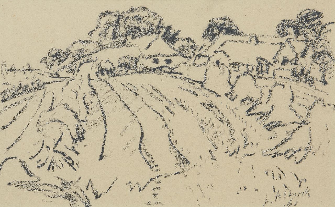 Altink J. | Jan Altink, Akkerland met boerderijen, zwart krijt op papier 31,1 x 48,3 cm, gesigneerd rechtsonder en gedateerd '61 Altink J. | Jan Altink, Akkerland met boerderijen, zwart krijt op papier 31,1 x 48,3 cm, gesigneerd rechtsonder en gedateerd '61