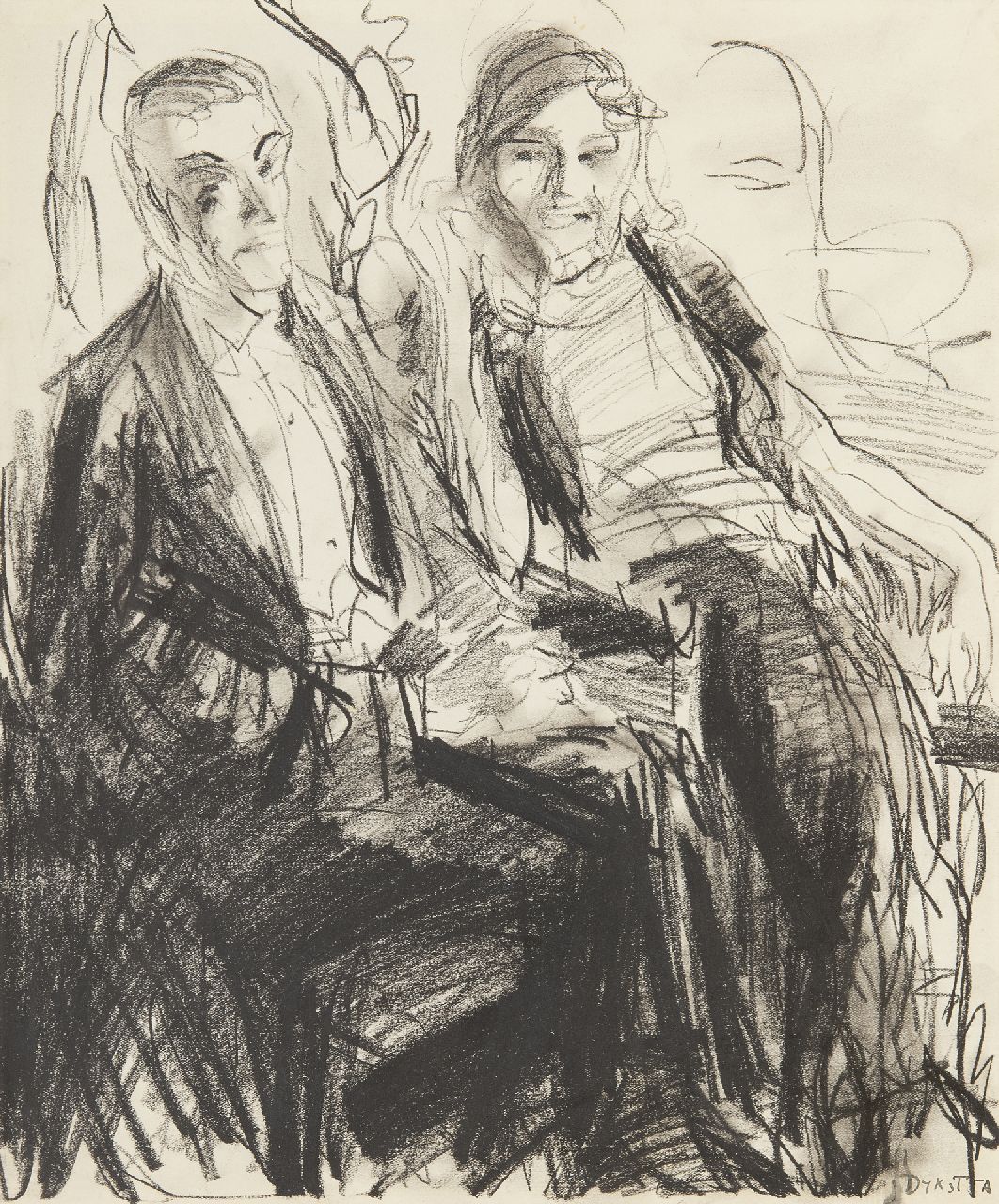 Dijkstra J. | Johannes 'Johan' Dijkstra | Aquarellen en tekeningen te koop aangeboden | Op het bal, zwart krijt op papier 38,4 x 31,6 cm, gesigneerd rechtsonder Dijkstra J. | Johannes 'Johan' Dijkstra | Aquarellen en tekeningen te koop aangeboden | Op het bal, zwart krijt op papier 38,4 x 31,6 cm, gesigneerd rechtsonder