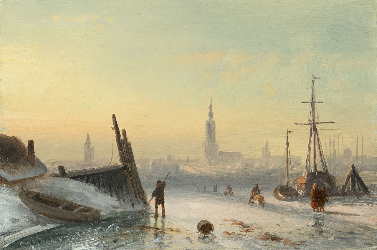 Leickert C.H.J.  | 'Charles' Henri Joseph Leickert, IJsgezicht met schaatsers bij een stad, olieverf op paneel 11,7 x 17,3 cm, gesigneerd linksonder met initialen
