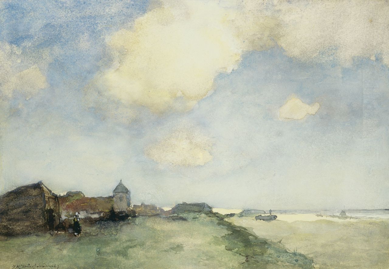 Weissenbruch H.J. | Hendrik Johannes 'J.H.' Weissenbruch, Hollands dorpje aan de kust, aquarel op papier 27,0 x 39,0 cm, gesigneerd linksonder Weissenbruch H.J. | Hendrik Johannes 'J.H.' Weissenbruch, Hollands dorpje aan de kust, aquarel op papier 27,0 x 39,0 cm, gesigneerd linksonder