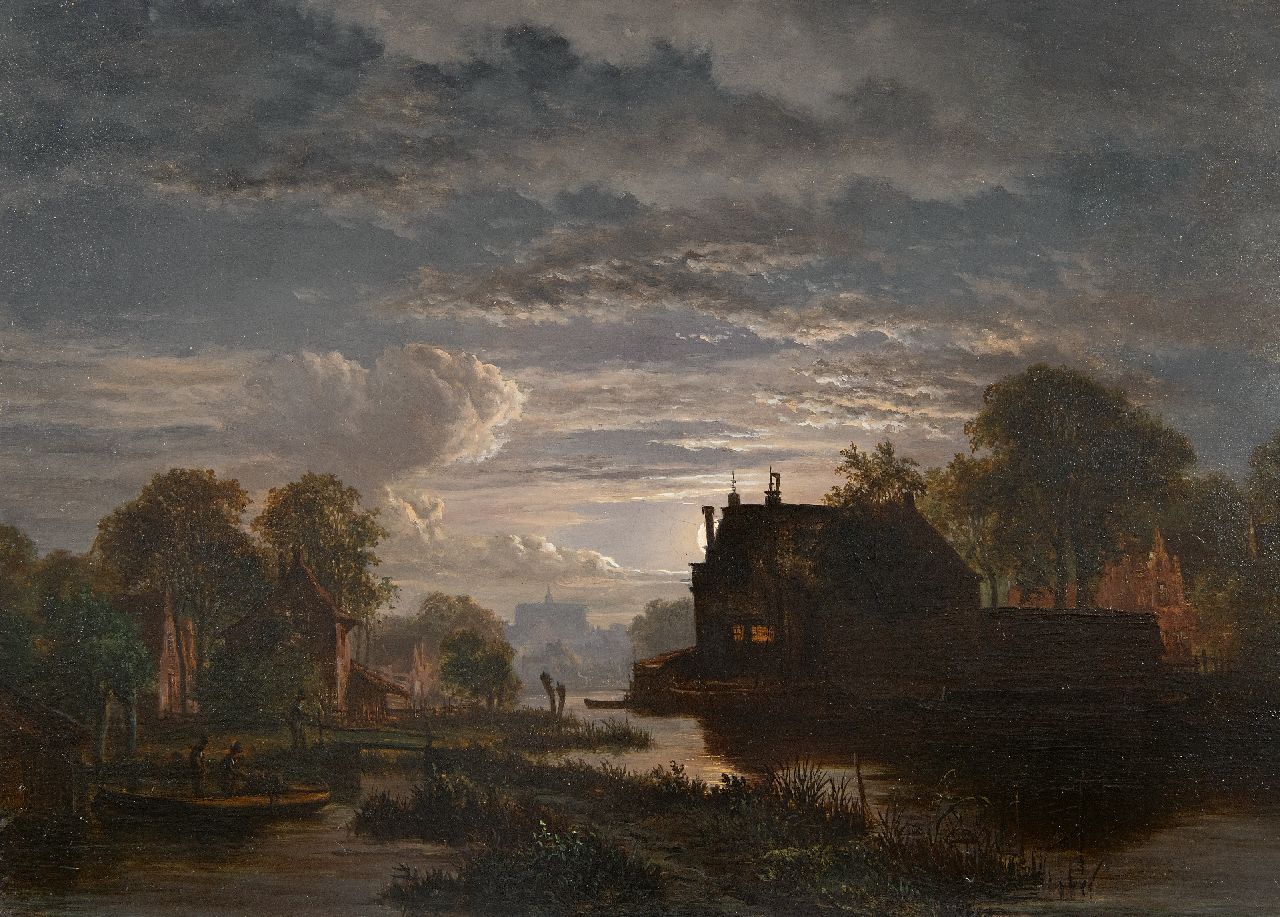 Abels J.Th. | 'Jacobus' Theodorus Abels | Schilderijen te koop aangeboden | Maanverlicht rivierlandschap bij een stad, olieverf op paneel 28,8 x 39,1 cm Abels J.Th. | 'Jacobus' Theodorus Abels | Schilderijen te koop aangeboden | Maanverlicht rivierlandschap bij een stad, olieverf op paneel 28,8 x 39,1 cm
