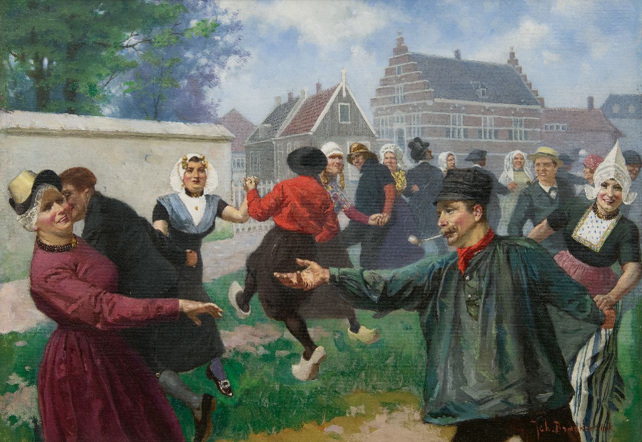 Braakensiek J.C.  | 'Johan' Coenraad Braakensiek | Schilderijen te koop aangeboden | De dans van klederdrachten, olieverf op doek 46,2 x 64,6 cm, gesigneerd rechtsonder