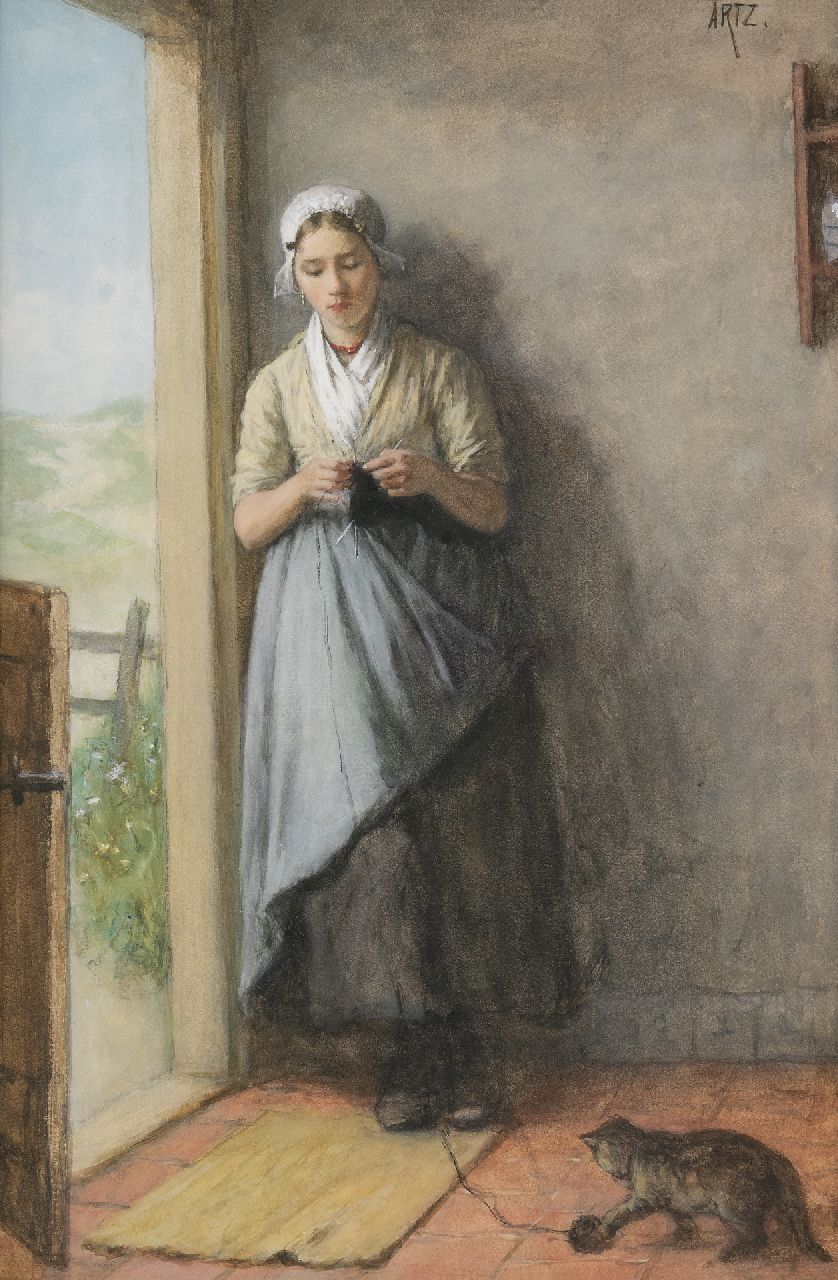 Artz D.A.C. | David Adolphe Constant Artz, Vissersmeisje breiend in de deuropening, aquarel op papier 53,8 x 36,0 cm, gesigneerd rechtsboven en te dateren ca. 1881 Artz D.A.C. | David Adolphe Constant Artz, Vissersmeisje breiend in de deuropening, aquarel op papier 53,8 x 36,0 cm, gesigneerd rechtsboven en te dateren ca. 1881