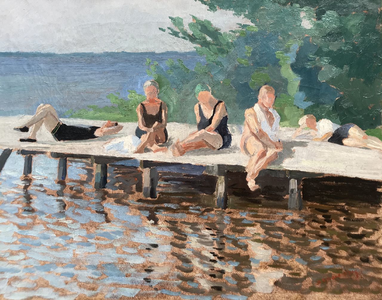 Smorenberg D.  | Dirk Smorenberg, Zonnebaders aan de Loosdrechtse Plassen, olieverf op doek 38,5 x 48,8 cm, gesigneerd rechtsonder