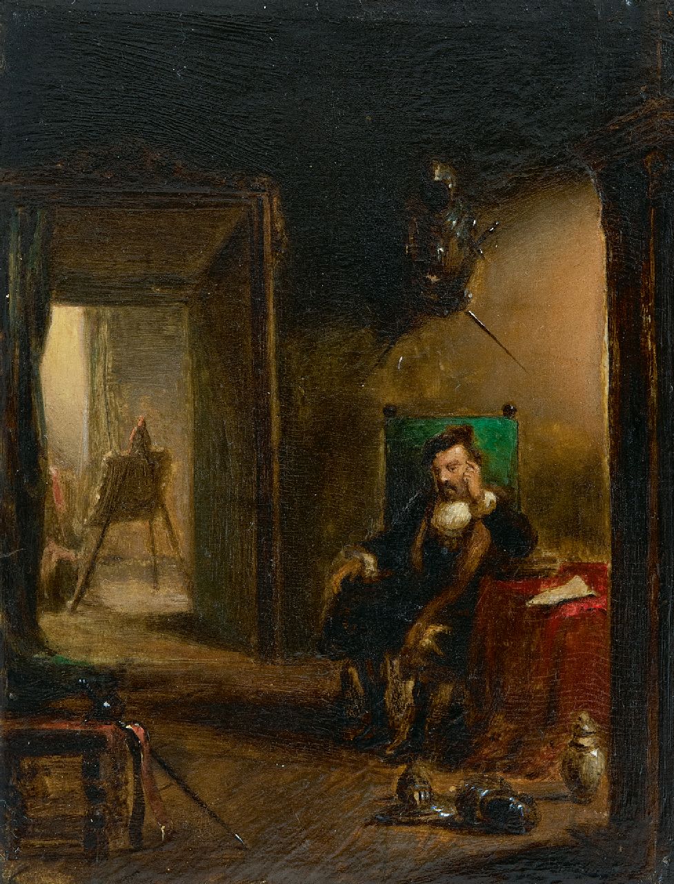 Scheeres H.J. | Hendricus Johannes Scheeres | Schilderijen te koop aangeboden | Schilder rustend in zijn atelier, olieverf op paneel 17,9 x 13,7 cm Scheeres H.J. | Hendricus Johannes Scheeres | Schilderijen te koop aangeboden | Schilder rustend in zijn atelier, olieverf op paneel 17,9 x 13,7 cm