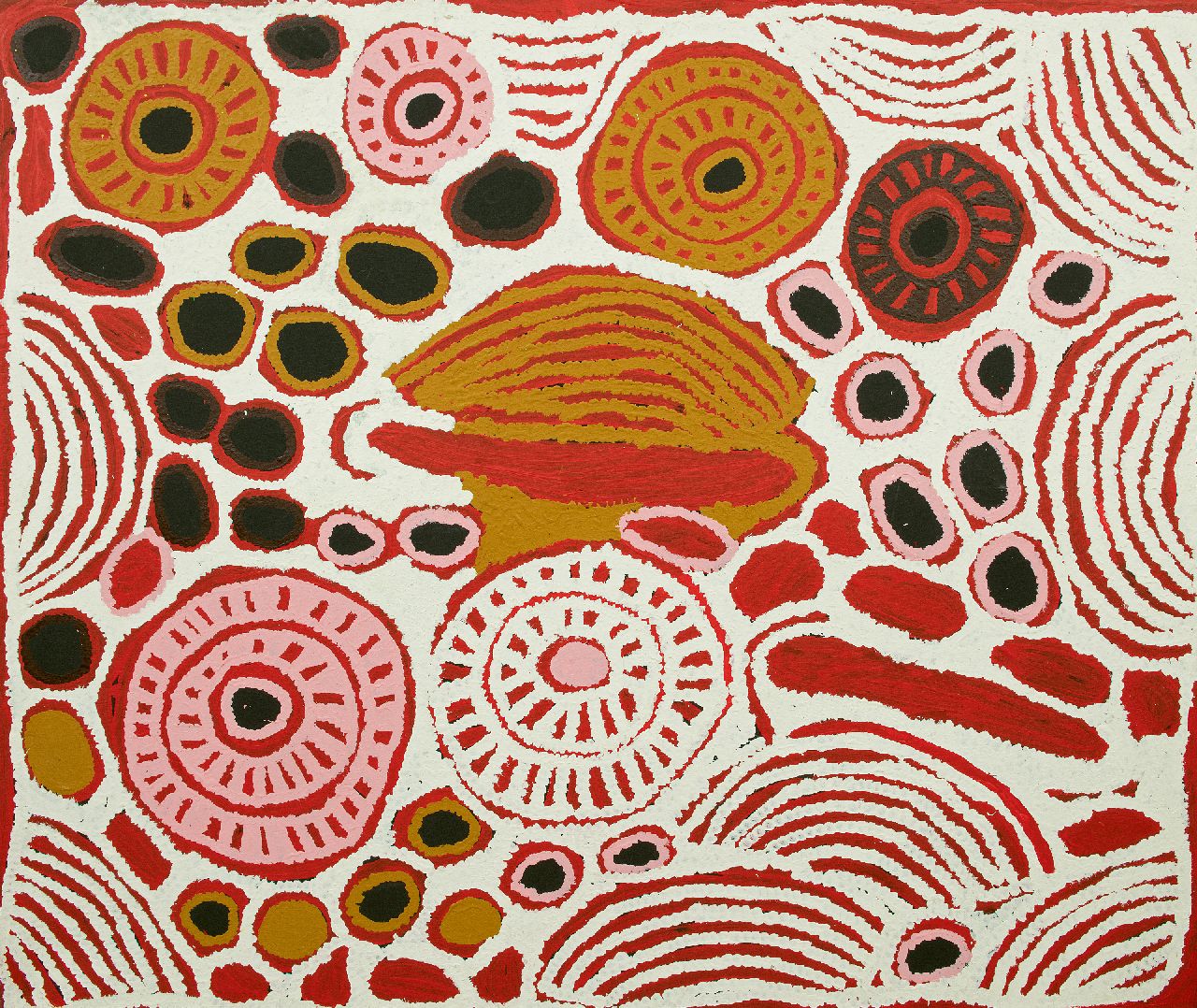 Napurrula N.  | Nigura Napurrula, Compositie met schelpen en fossielen, acryl op doek 126,8 x 149,0 cm