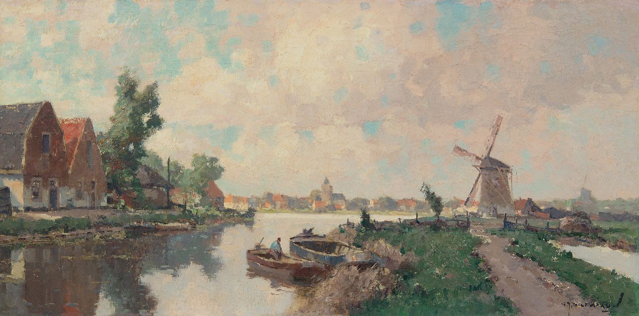 Delfgaauw G.J.  | Gerardus Johannes 'Gerard' Delfgaauw | Schilderijen te koop aangeboden | Dorpsgezicht aan een rivier, olieverf op doek 40,4 x 80,1 cm, gesigneerd rechtsonder en op spieraam en zonder lijst