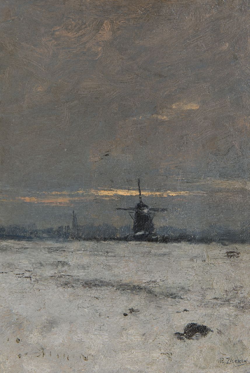 Zilcken C.L.P. | Charles Louis Philippe 'Philip' Zilcken, Molen in de sneeuw bij avondschemering, olieverf op paneel 29,7 x 20,3 cm, gesigneerd rechtsonder en te dateren ca. 1903 Zilcken C.L.P. | Charles Louis Philippe 'Philip' Zilcken, Molen in de sneeuw bij avondschemering, olieverf op paneel 29,7 x 20,3 cm, gesigneerd rechtsonder en te dateren ca. 1903