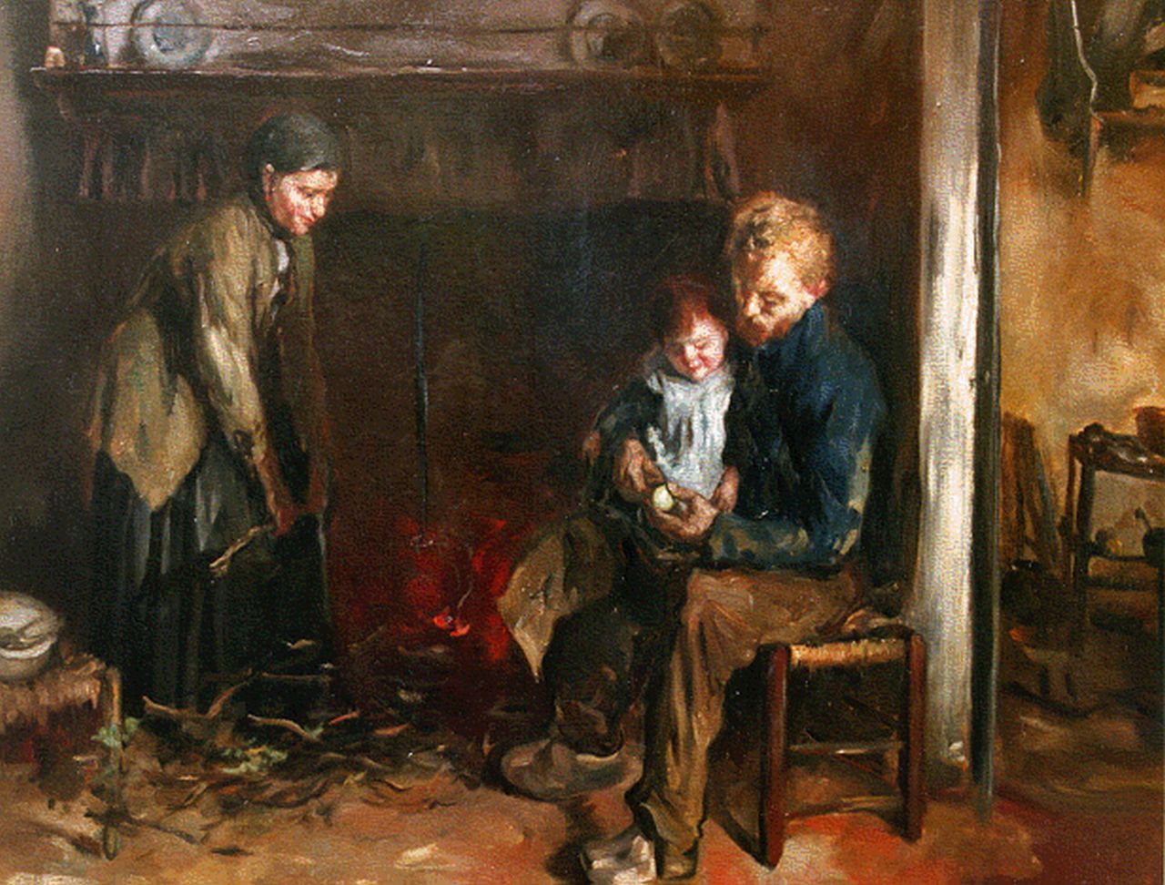 Neuhuys J.A.  | Johannes 'Albert' Neuhuys, Dongens interieur met boerenfamilie bij een schouw, olieverf op doek 60,5 x 70,4 cm, gesigneerd rechtsonder