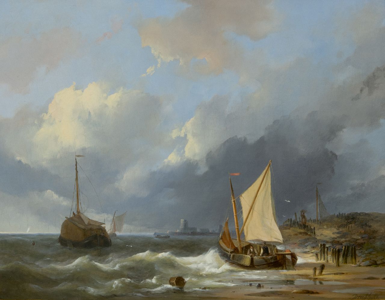 Dreibholtz C.L.W.  | Christiaan Lodewijk Willem Dreibholtz, Botter en tjalken langs de Zuiderzee, olieverf op paneel 41,2 x 52,8 cm, gesigneerd rechtsonder