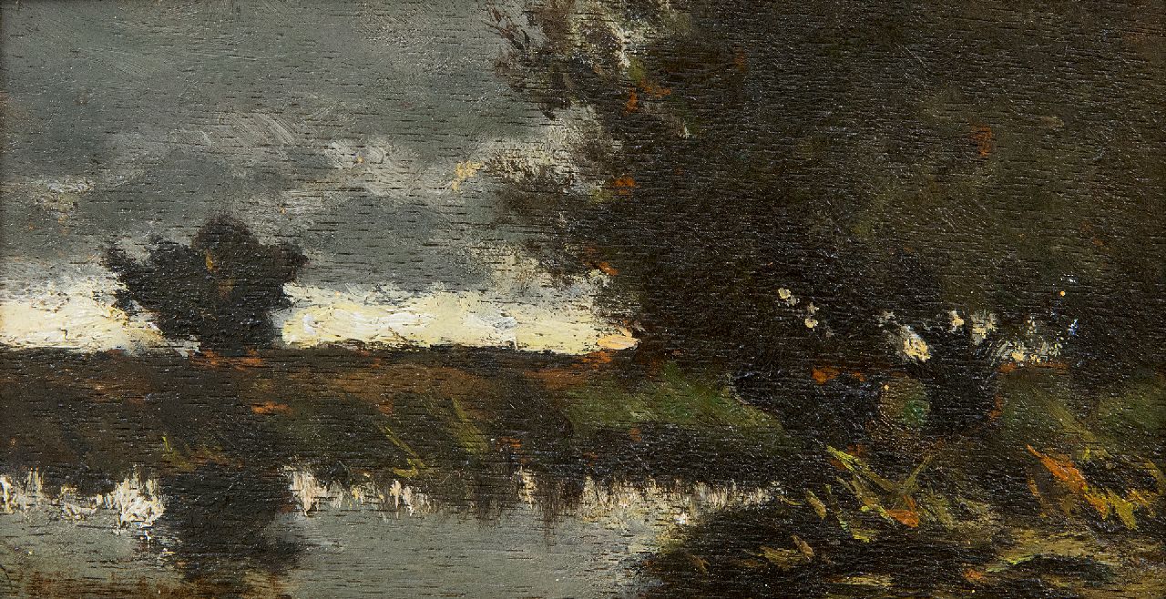 Weissenbruch H.J. | Hendrik Johannes 'J.H.' Weissenbruch, Polderlandschap bij buiig weer, olieverf op paneel 9,8 x 18,5 cm, gesigneerd linksonder Weissenbruch H.J. | Hendrik Johannes 'J.H.' Weissenbruch, Polderlandschap bij buiig weer, olieverf op paneel 9,8 x 18,5 cm, gesigneerd linksonder