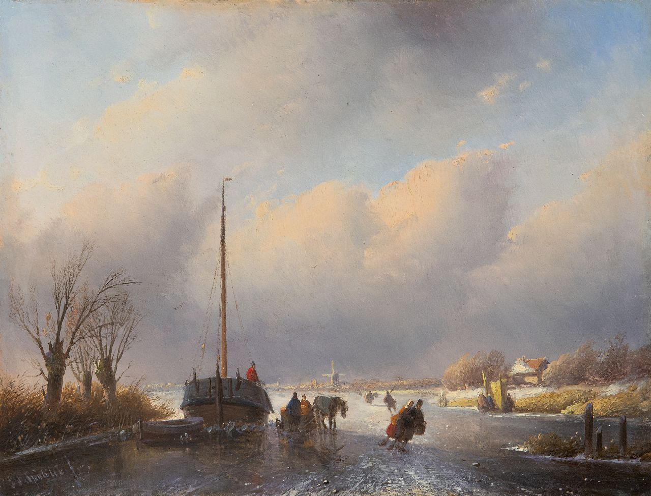 Spohler J.J.  | Jan Jacob Spohler, Winters rivierlandschap met schaatsvolk en een paardenslee, olieverf op paneel 25,5 x 33,4 cm, gesigneerd linksonder