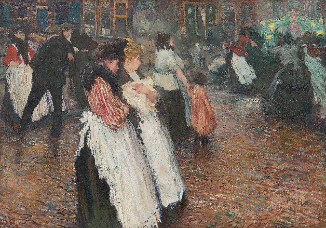 Hem P. van der | Pieter 'Piet' van der Hem, Het draaiorgel in de Jordaan, Amsterdam, olieverf op doek 55,5 x 79,2 cm, gesigneerd rechtsonder en te dateren ca. 1909 Hem P. van der | Pieter 'Piet' van der Hem, Het draaiorgel in de Jordaan, Amsterdam, olieverf op doek 55,5 x 79,2 cm, gesigneerd rechtsonder en te dateren ca. 1909