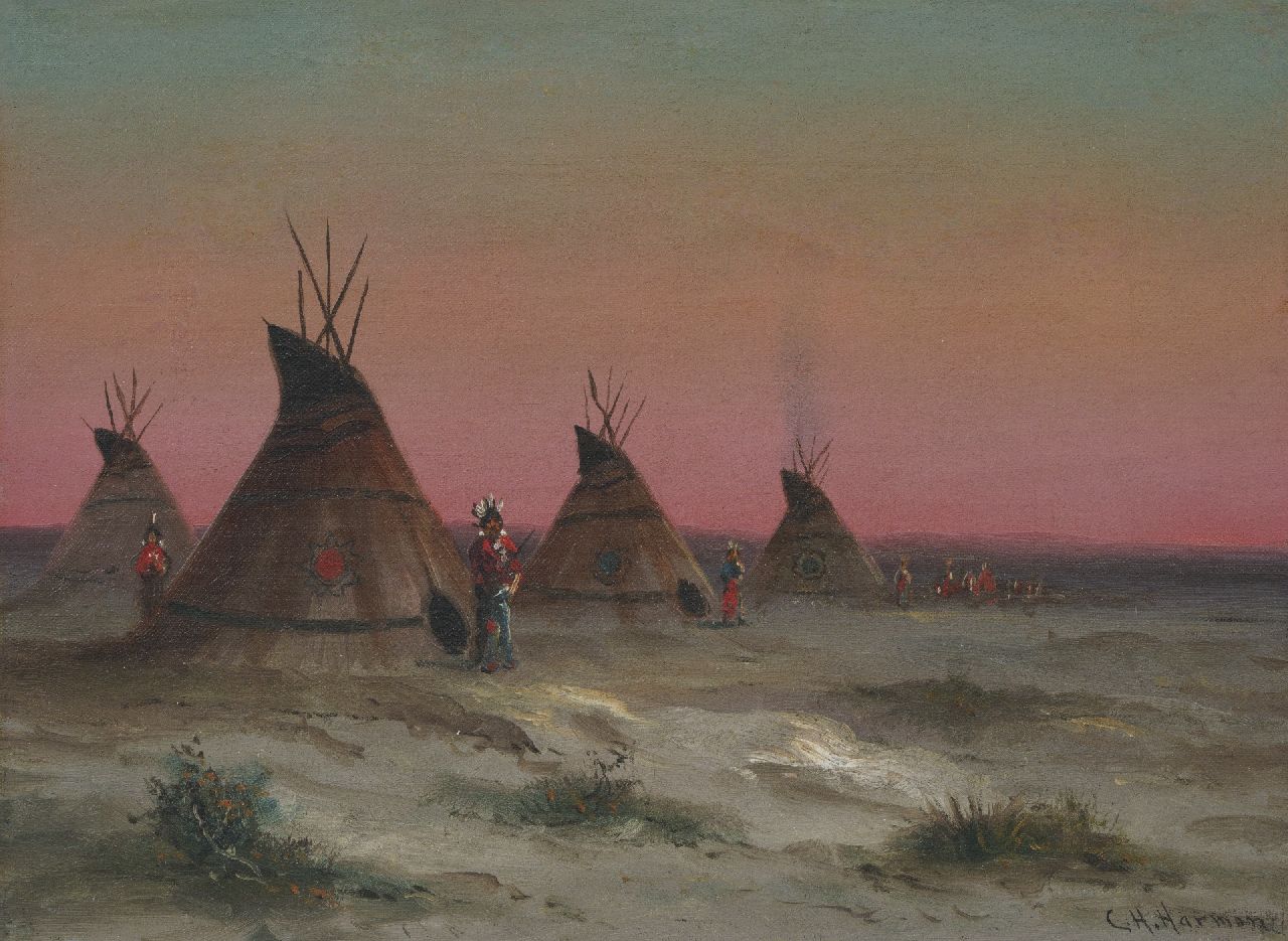Harmon C.H. | Charles Henry Harmon | Schilderijen te koop aangeboden | Wigwammen met indianen, olieverf op doek 23,0 x 30,8 cm, gesigneerd rechtsonder Harmon C.H. | Charles Henry Harmon | Schilderijen te koop aangeboden | Wigwammen met indianen, olieverf op doek 23,0 x 30,8 cm, gesigneerd rechtsonder