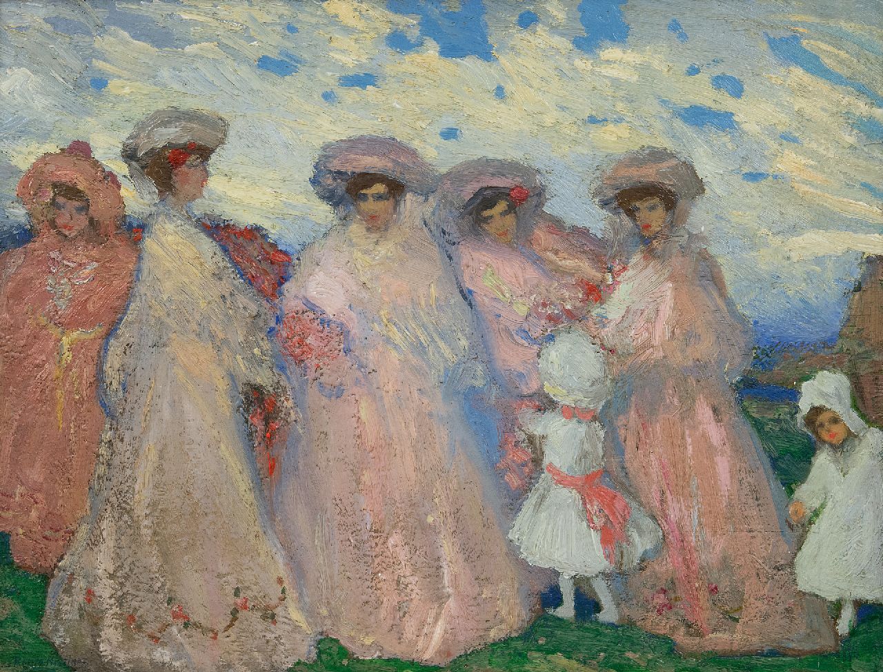 Ramos Martinez A.  | Alfredo Ramos Martinez | Schilderijen te koop aangeboden | Elegante vrouwen in een landschap, olieverf op paneel 41,5 x 52,5 cm, gesigneerd linksonder en te dateren ca. 1905